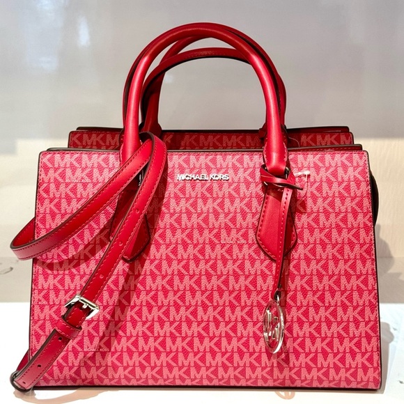 Michael Kors Sheila Medium Signature Logo Satchel Bag Dark Raspberry Multi - Picture 1 of 9